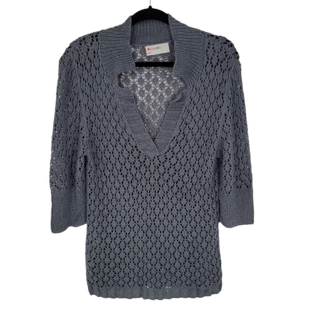 Gedifra womens small gray blue hand made open knit v neck 3/4 sleeve sweater